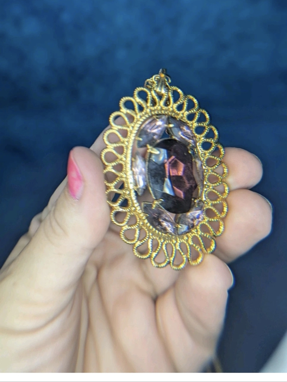 Purple Stone Gold Tone Pendant Necklace 14" Fashion Jewelry - Picture 5 of 12